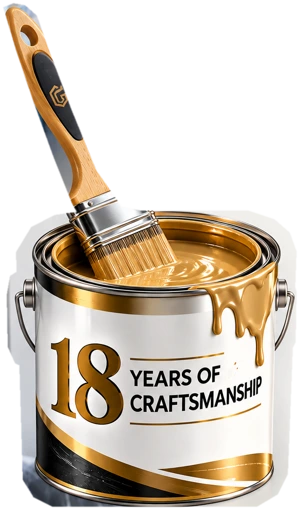 Realistic paint gallon and full paintbrush displaying 18 Years of Craftsmanship