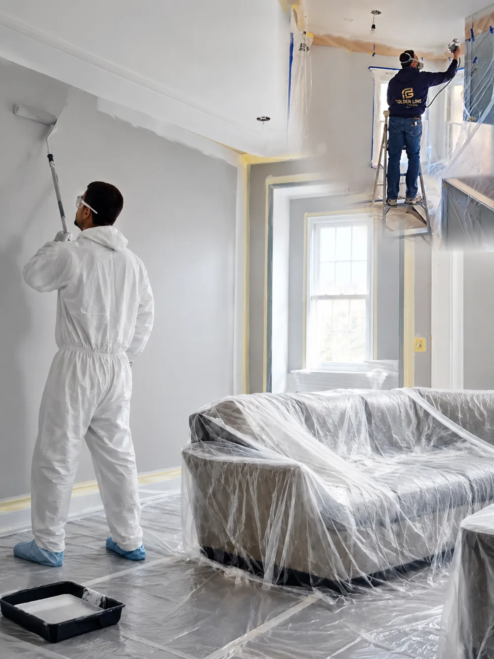 Professional painter rolling a living room wall with the floor and furniture protected