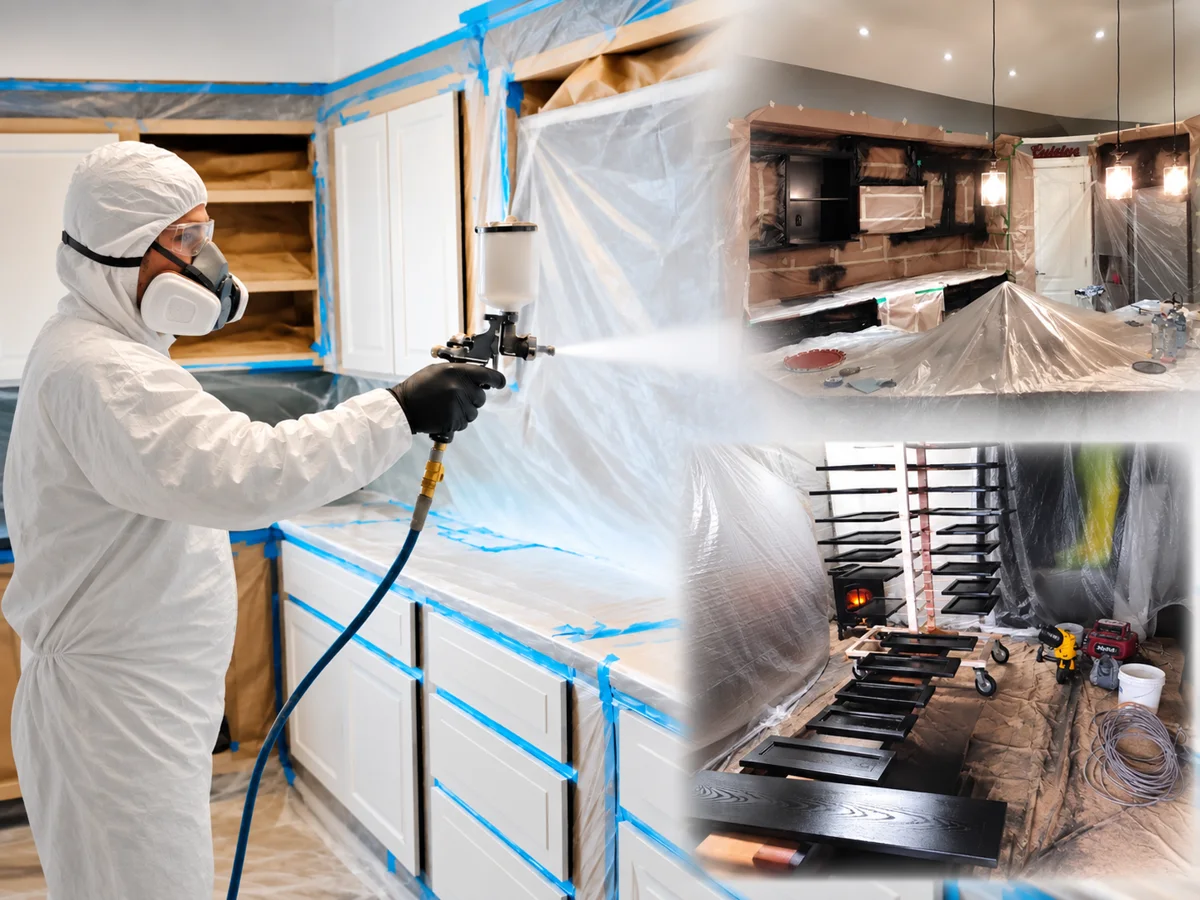 Professional painter spray-finishing a masked and protected kitchen cabinet project