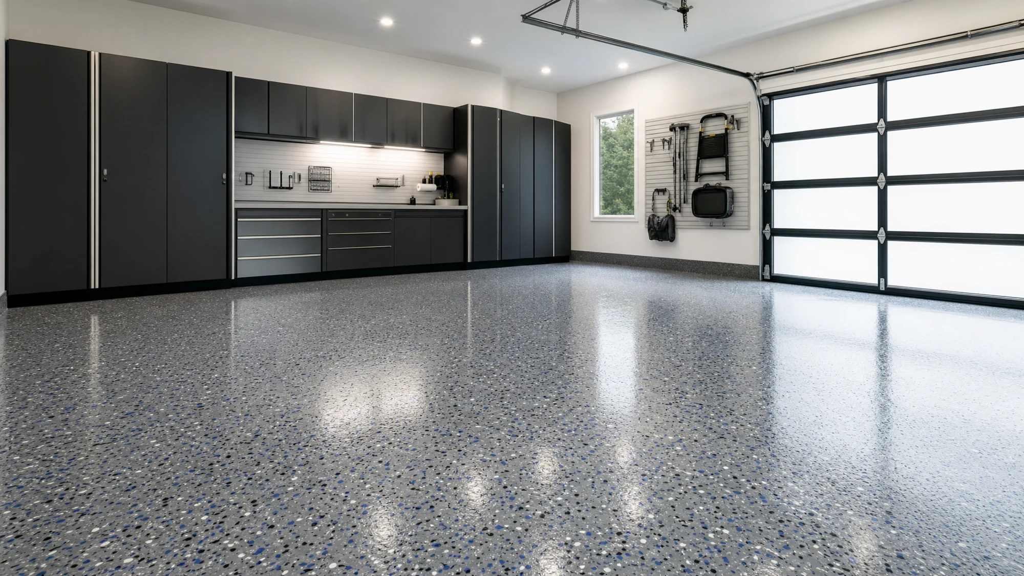 Clean modern garage with a gray epoxy floor finished in black, white and blue flakes