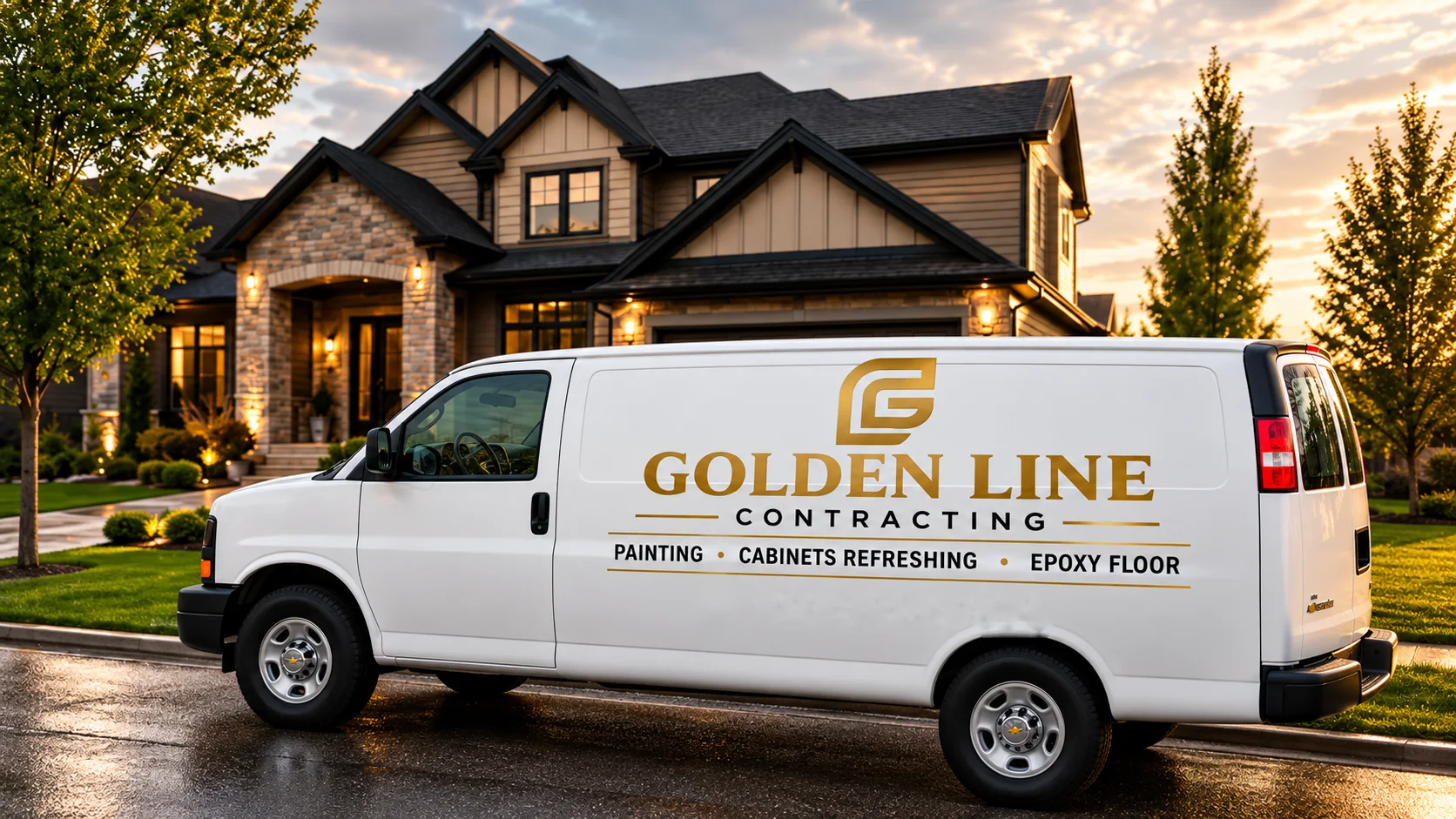 Golden Line Contracting service van outside a contemporary Calgary home